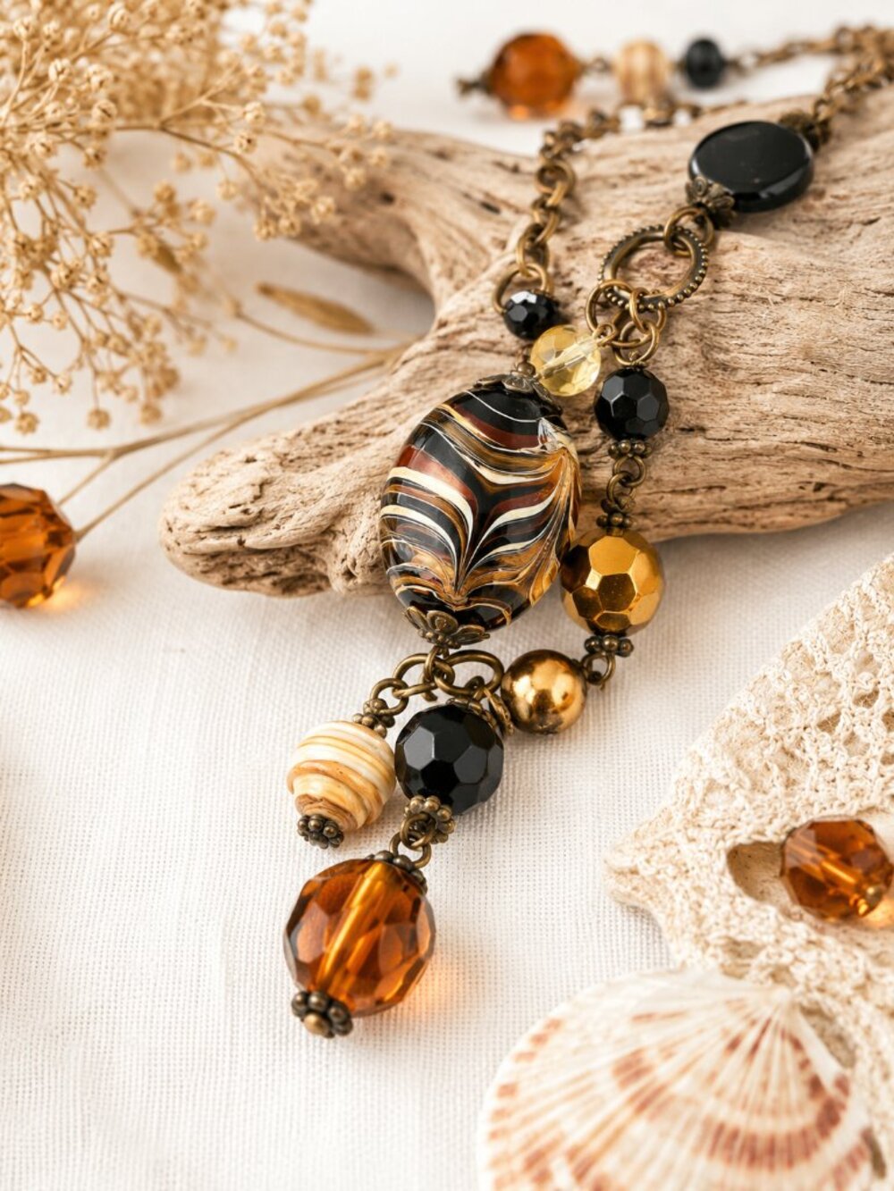 Lampwork Glass Statement Necklace | Amber Black Bronze Beaded Vintage